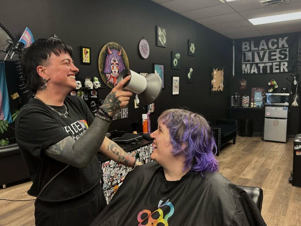Felix Murphy cuts and styles Janine Gallo’s hair at his Misfits Hair Studio