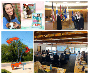 photo collage of art sculpture, author and her books, swearing in ceremony, and mental health workshop