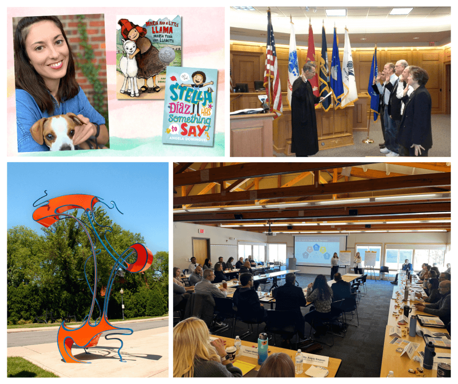 photo collage of art sculpture, author and her books, swearing in ceremony, and mental health workshop