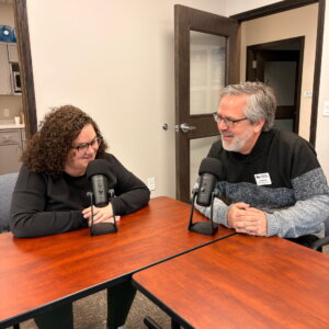 Lauren Journot and Chad Dull record a conversation for “For Good, Forever,” a new La Crosse Area Community Foundation podcast.