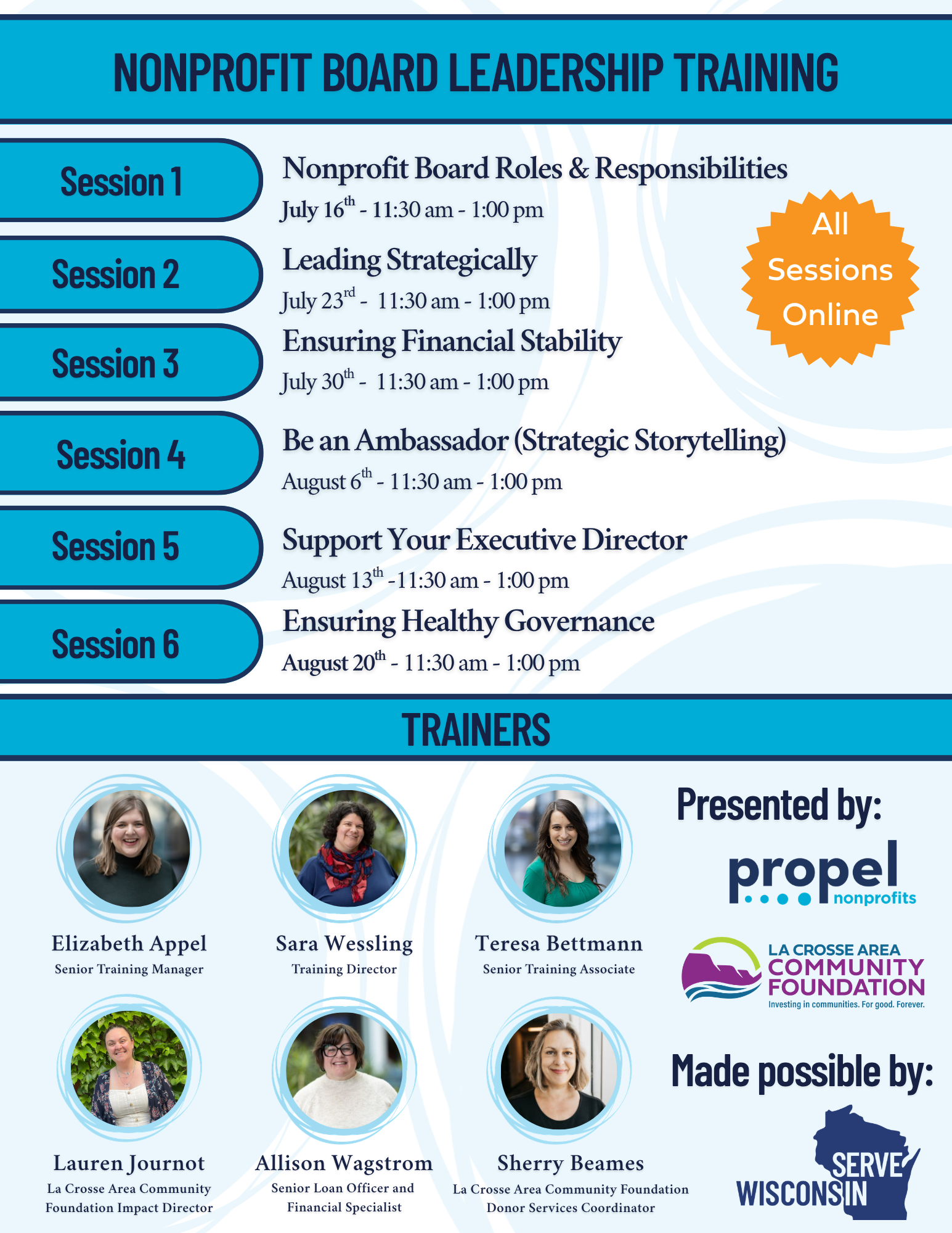 Nonprofit Board Leadership Training Dates July 16, July 23, July 30, August 6, August 3, August 20. All sessions online from 11:30-1.